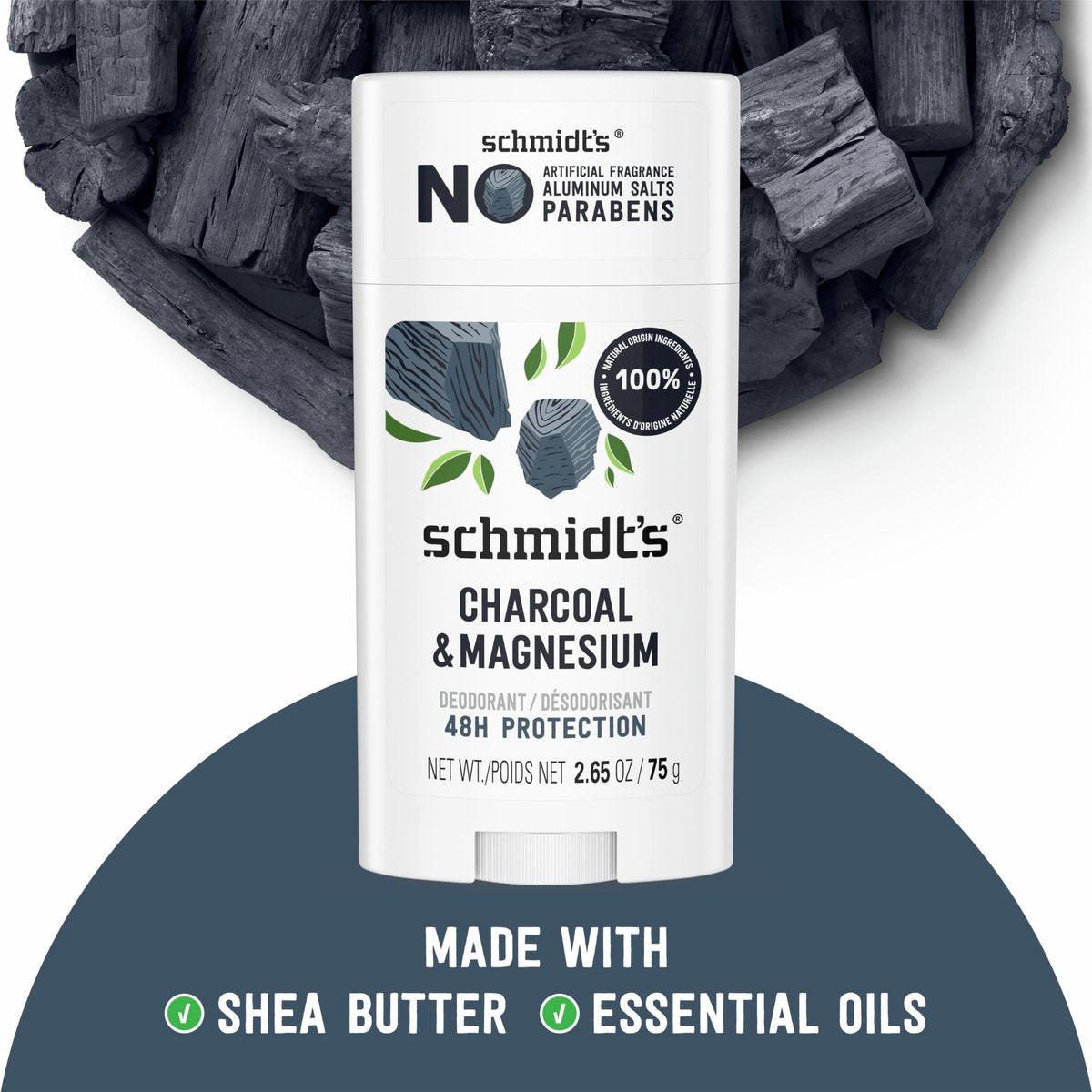 Schmidt's Aluminiumfreies veganes Deodorant Holzkohle & Magnesium mit 24-Stunden-Geruchsschutz, 4er-Pack für Damen und Herren, natürliche Inhaltsstoffe, tierversuchsfrei, 2,65 oz