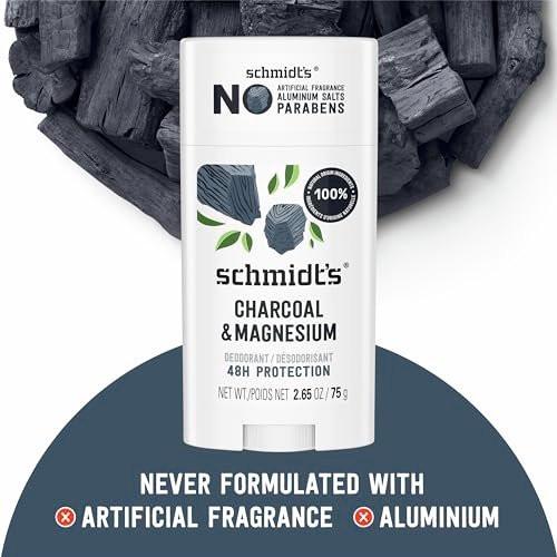 Schmidt's Aluminiumfreies veganes Deodorant Holzkohle & Magnesium mit 24-Stunden-Geruchsschutz, 4er-Pack für Damen und Herren, natürliche Inhaltsstoffe, tierversuchsfrei, 2,65 oz