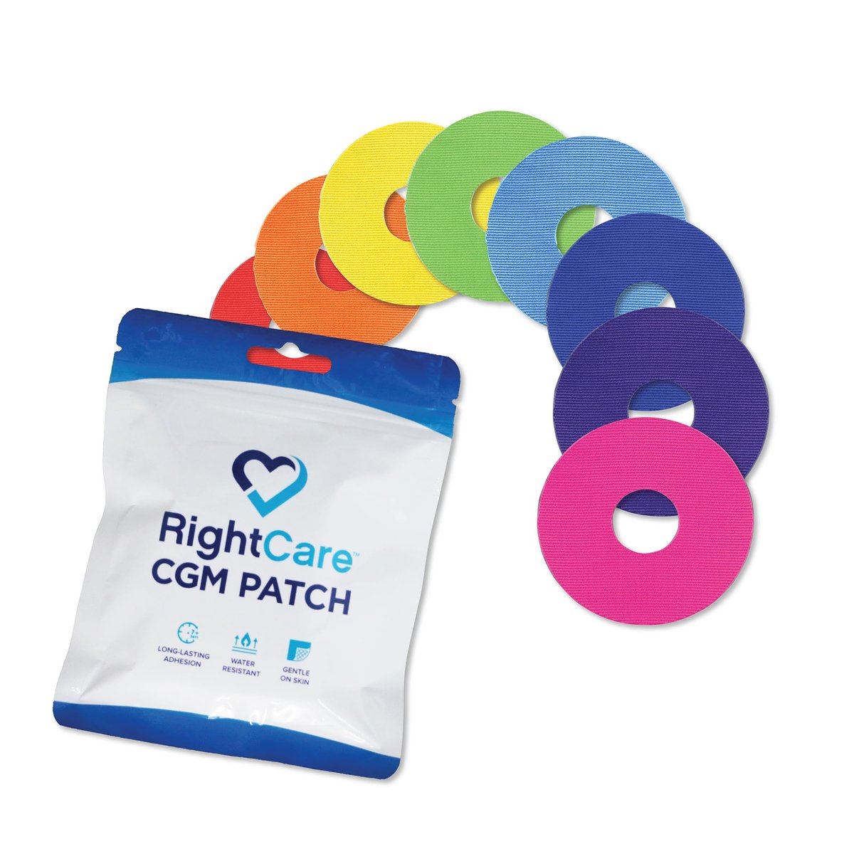 RightCare CGM-Klebepflaster vorgeschnitten für Freestyle Libre 2 & 3 und Lingo, wasserdichtes medizinisches Klebeband, ungeschützte kreisförmige Schutzpflaster, Mehrfarben-Sortiment, Beutel mit 25 Stück