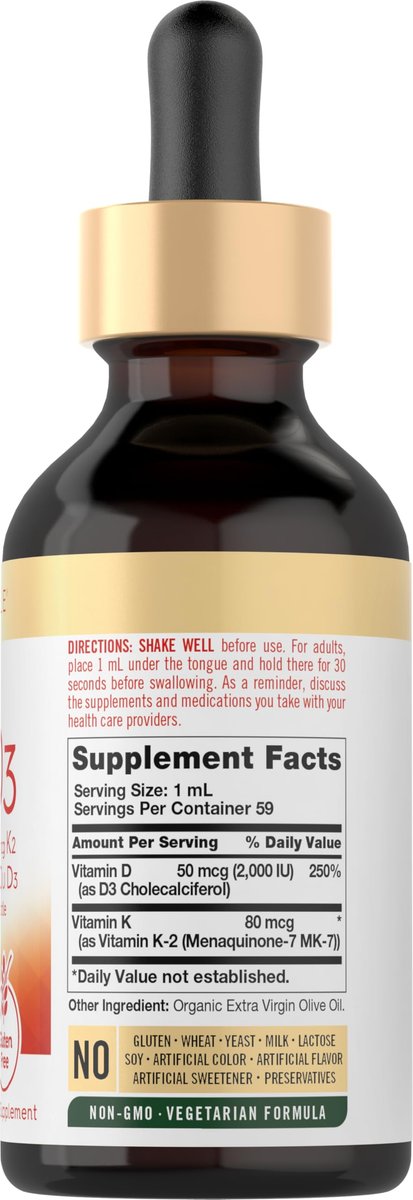 Carlyle Vitamin D3 K2 Tropfen | 60 ml | MK-7 Nahrungsergänzungsmittel | Vegetarisch, Nicht-GVO, Gluten- und Sojafrei