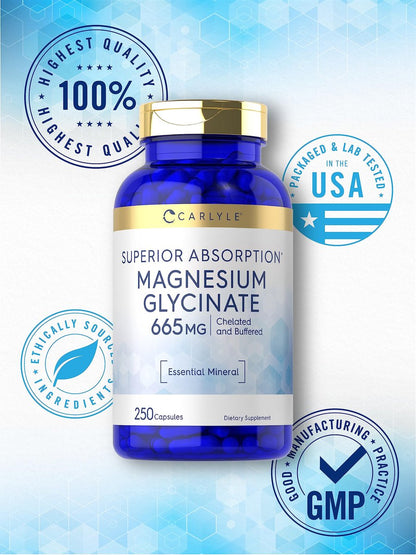 Carlyle Magnesium Glycinat | 665 mg | 250 Kapseln | Nicht-GVO und glutenfrei | Essentielles gepuffertes Mineralstoffpräparat