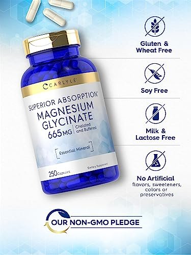 Carlyle Magnesium Glycinat | 665 mg | 250 Kapseln | Nicht-GVO und glutenfrei | Essentielles gepuffertes Mineralstoffpräparat