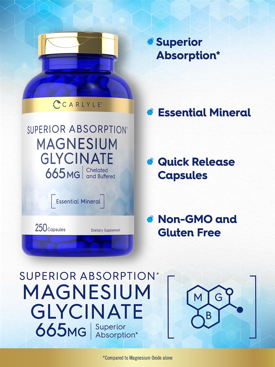 Carlyle Magnesium Glycinat | 665 mg | 250 Kapseln | Nicht-GVO und glutenfrei | Essentielles gepuffertes Mineralstoffpräparat