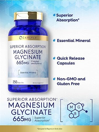 Carlyle Magnesium Glycinat | 665 mg | 250 Kapseln | Nicht-GVO und glutenfrei | Essentielles gepuffertes Mineralstoffpräparat
