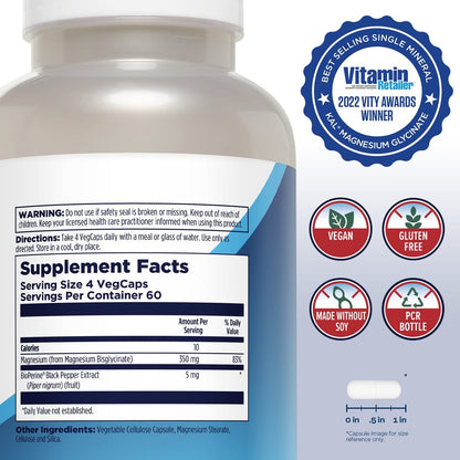 KAL Magnesium Glycinat – Hochdosiert & Vollständig Chelatiert mit BioPerin, 240 Kapseln
