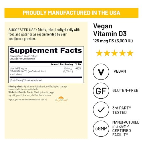 NatureWise Veganes Vitamin D3 5000 IE (125 µg) aus Flechten – Unterstützt Immunsystem, Muskel- und Knochengesundheit – Hohe Absorption mit kaltgepresstem Olivenöl – Nicht-GMO – 60 Softgels (2 Monate Vorrat)