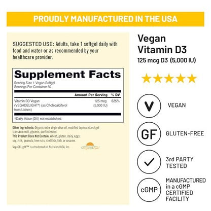 NatureWise Veganes Vitamin D3 5000 IE (125 µg) aus Flechten – Unterstützt Immunsystem, Muskel- und Knochengesundheit – Hohe Absorption mit kaltgepresstem Olivenöl – Nicht-GMO – 60 Softgels (2 Monate Vorrat)