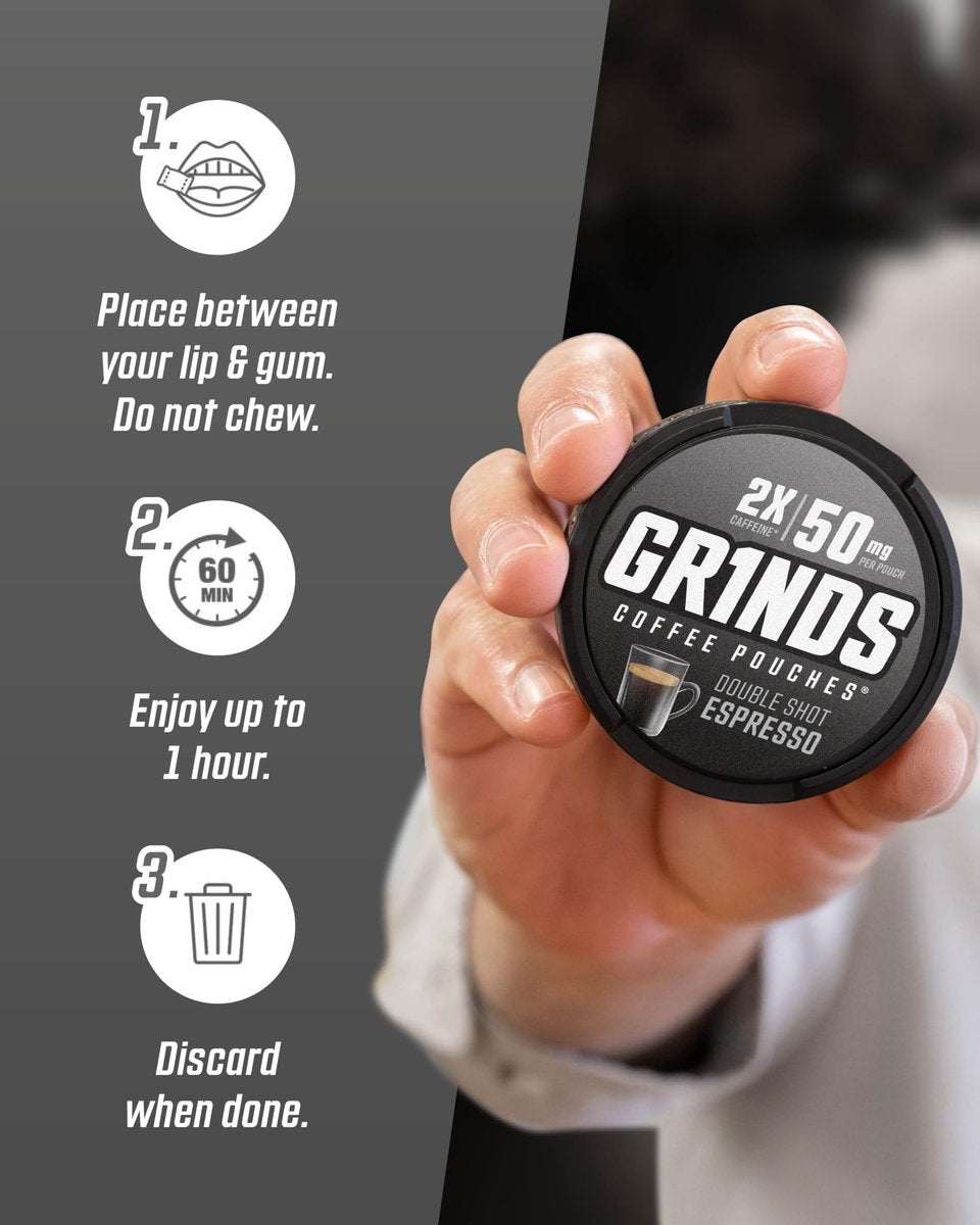 Grinds Coffee Pouches | Koffein-Kick ohne Nikotin | 3 Dosen Double Shot Espresso | 18 Pouches pro Dose | 2x Koffein – 1 Pouch entspricht 1/2 Tasse Kaffee