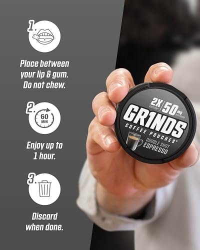 Grinds Coffee Pouches | Koffein-Kick ohne Nikotin | 3 Dosen Double Shot Espresso | 18 Pouches pro Dose | 2x Koffein – 1 Pouch entspricht 1/2 Tasse Kaffee