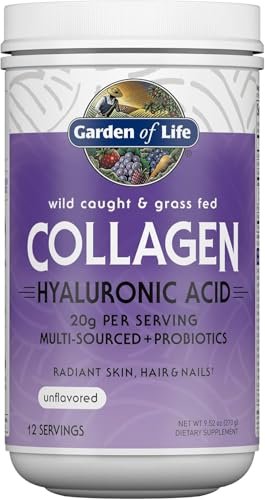 Garden of Life Meereskollagen & Grasgefüttertes Rinderkollagen Peptide Pulver (Typ I, III) mit Probiotika, BCAAs & Hyaluronsäure für strahlendes Haar, Haut & Nägel – Ungesüßt, 20g pro Portion, 12 Portionen