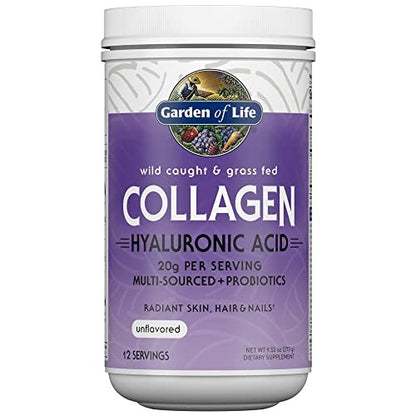 Garden of Life Meereskollagen & Grasgefüttertes Rinderkollagen Peptide Pulver (Typ I, III) mit Probiotika, BCAAs & Hyaluronsäure für strahlendes Haar, Haut & Nägel – Ungesüßt, 20g pro Portion, 12 Portionen