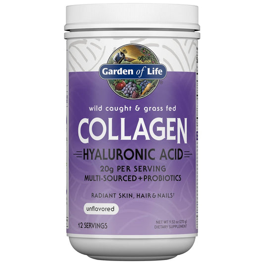 Garden of Life Meereskollagen & Grasgefüttertes Rinderkollagen Peptide Pulver (Typ I, III) mit Probiotika, BCAAs & Hyaluronsäure für strahlendes Haar, Haut & Nägel – Ungesüßt, 20g pro Portion, 12 Portionen