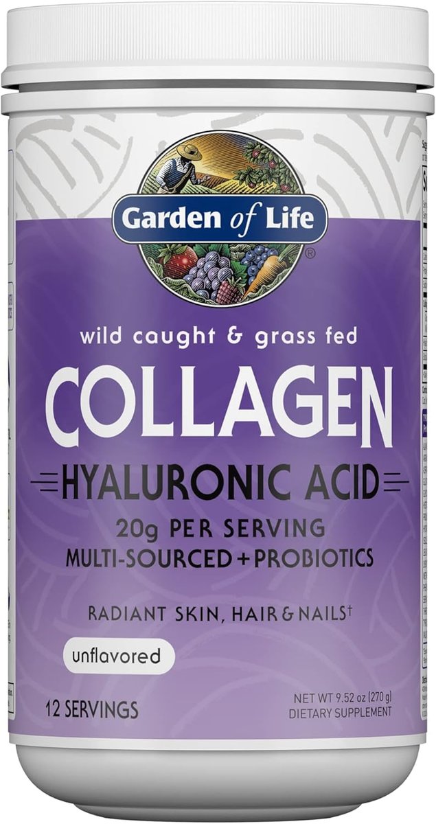 Garden of Life Meereskollagen & Grasgefüttertes Rinderkollagen Peptide Pulver (Typ I, III) mit Probiotika, BCAAs & Hyaluronsäure für strahlendes Haar, Haut & Nägel – Ungesüßt, 20g pro Portion, 12 Portionen