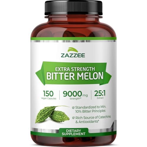 Zazzee Extra Stark Bitter Melon 25:1 Extrakt, 10% Bitterstoffe, 150 vegane Kapseln, 5-Monatsvorrat, Momordica Charantia, Antioxidans & Stoffwechselunterstützung, Non-GMO, Hergestellt in den USA