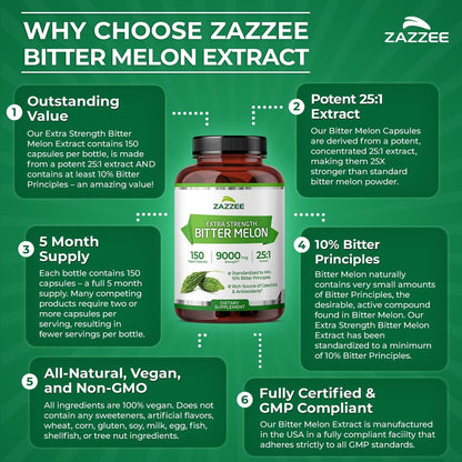 Zazzee Extra Stark Bitter Melon 25:1 Extrakt, 10% Bitterstoffe, 150 vegane Kapseln, 5-Monatsvorrat, Momordica Charantia, Antioxidans & Stoffwechselunterstützung, Non-GMO, Hergestellt in den USA