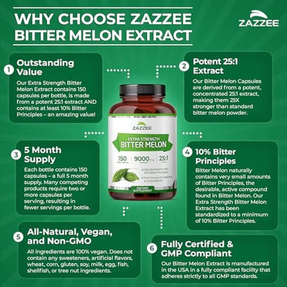 Zazzee Extra Stark Bitter Melon 25:1 Extrakt, 10% Bitterstoffe, 150 vegane Kapseln, 5-Monatsvorrat, Momordica Charantia, Antioxidans & Stoffwechselunterstützung, Non-GMO, Hergestellt in den USA