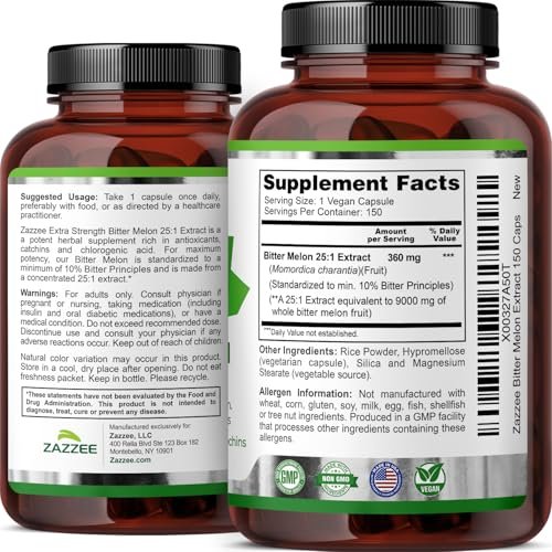 Zazzee Extra Stark Bitter Melon 25:1 Extrakt, 10% Bitterstoffe, 150 vegane Kapseln, 5-Monatsvorrat, Momordica Charantia, Antioxidans & Stoffwechselunterstützung, Non-GMO, Hergestellt in den USA