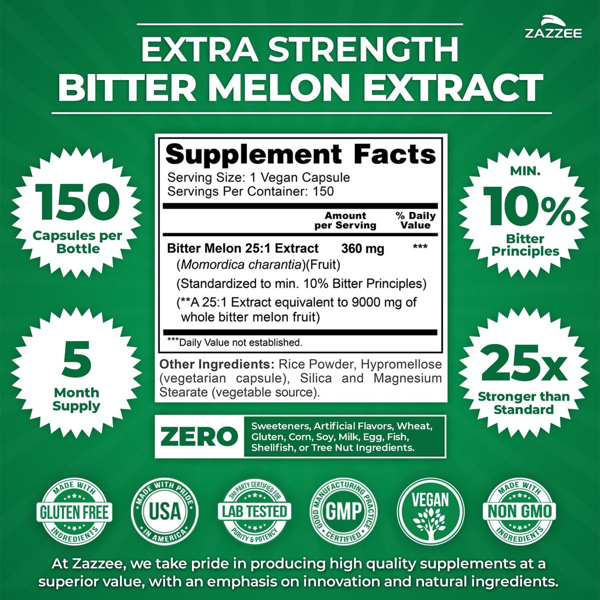 Zazzee Extra Stark Bitter Melon 25:1 Extrakt, 10% Bitterstoffe, 150 vegane Kapseln, 5-Monatsvorrat, Momordica Charantia, Antioxidans & Stoffwechselunterstützung, Non-GMO, Hergestellt in den USA