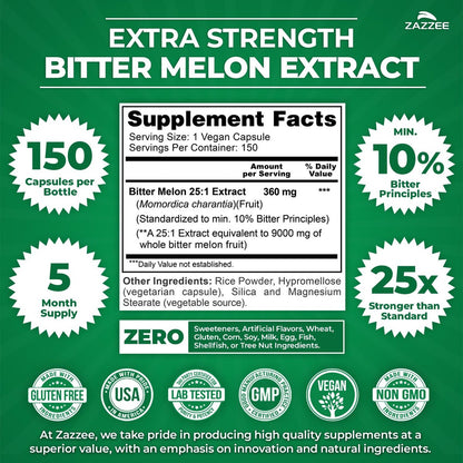 Zazzee Extra Stark Bitter Melon 25:1 Extrakt, 10% Bitterstoffe, 150 vegane Kapseln, 5-Monatsvorrat, Momordica Charantia, Antioxidans & Stoffwechselunterstützung, Non-GMO, Hergestellt in den USA