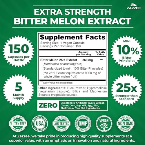 Zazzee Extra Stark Bitter Melon 25:1 Extrakt, 10% Bitterstoffe, 150 vegane Kapseln, 5-Monatsvorrat, Momordica Charantia, Antioxidans & Stoffwechselunterstützung, Non-GMO, Hergestellt in den USA