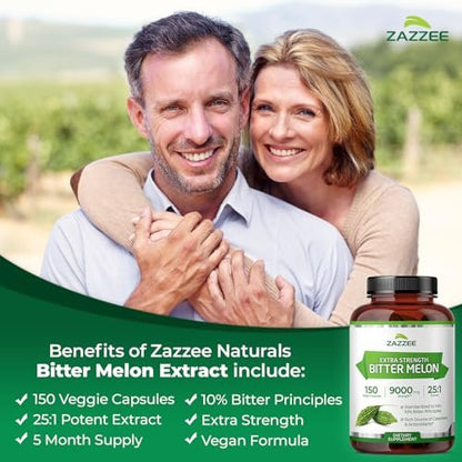 Zazzee Extra Stark Bitter Melon 25:1 Extrakt, 10% Bitterstoffe, 150 vegane Kapseln, 5-Monatsvorrat, Momordica Charantia, Antioxidans & Stoffwechselunterstützung, Non-GMO, Hergestellt in den USA