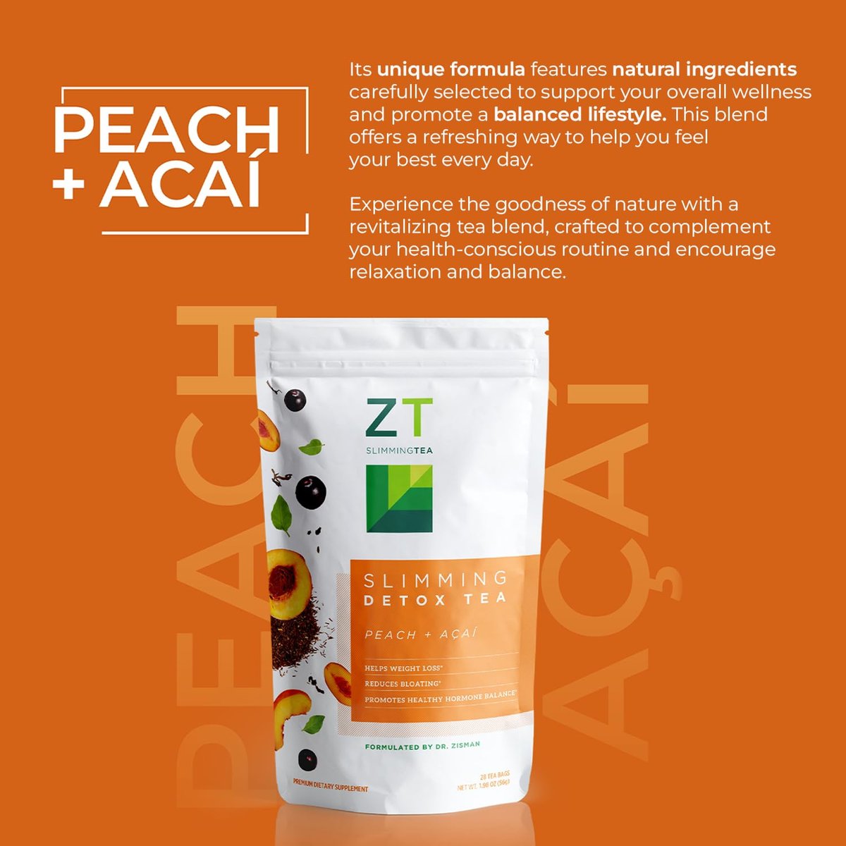Dr. Zisman ZT Slimming - Pfirsich und Acai Kräuterteemischung mit Ashwagandha, Rooibos und Acai - 28-Tage-Wohlfühlmischung (28 Teebeutel)