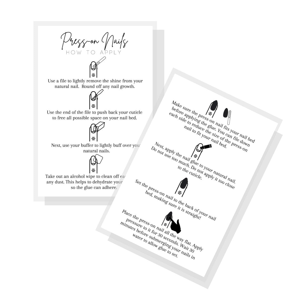 Press-On Nagel Applikationsanleitung Postkarte | 30er-Pack | 4x6 Zoll große Postkarte | DIY Press-On Nagel Set | Press-On Nagel Zubehör | Weißes Kartendesign