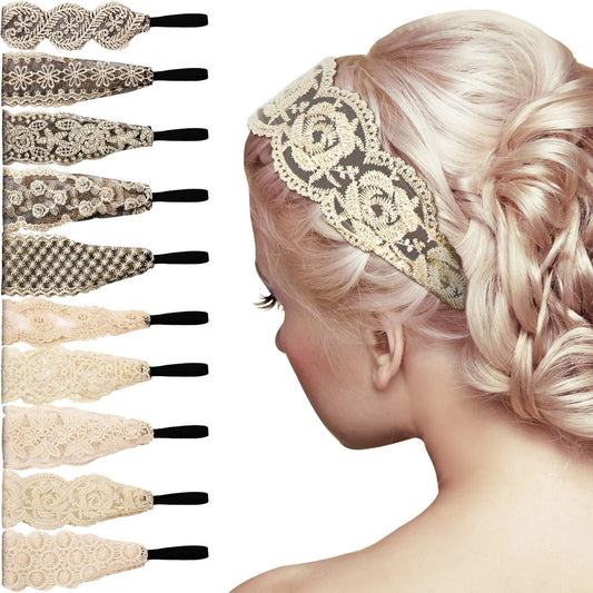 Dilunave 10 Stück Spitzen-Stirnbänder für Frauen – Elegante elastische Haarbänder für Hochzeiten, Alltag und besondere Anlässe (Rötlich-Marone)