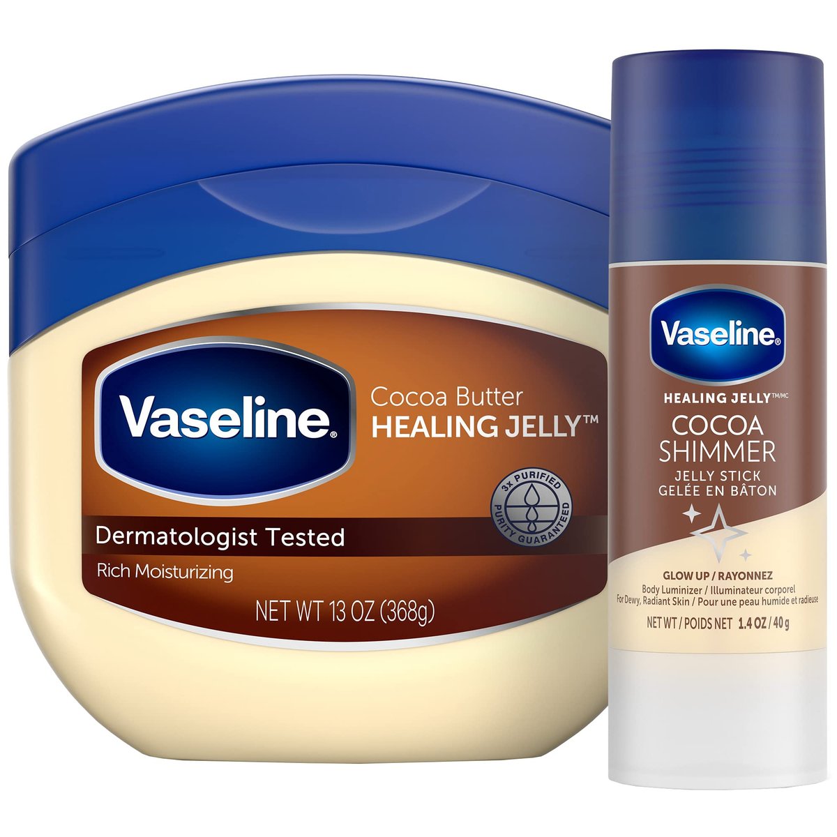 Vaseline Reichhaltige Feuchtigkeitscreme Heilendes Gelée mit Kakaobutter, 13 oz + Kakaobutter Shimmer Stick, 1,4 oz – Strahlende, schimmernde Haut mit angenehmem Duft