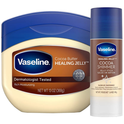 Vaseline Reichhaltige Feuchtigkeitscreme Heilendes Gelée mit Kakaobutter, 13 oz + Kakaobutter Shimmer Stick, 1,4 oz – Strahlende, schimmernde Haut mit angenehmem Duft