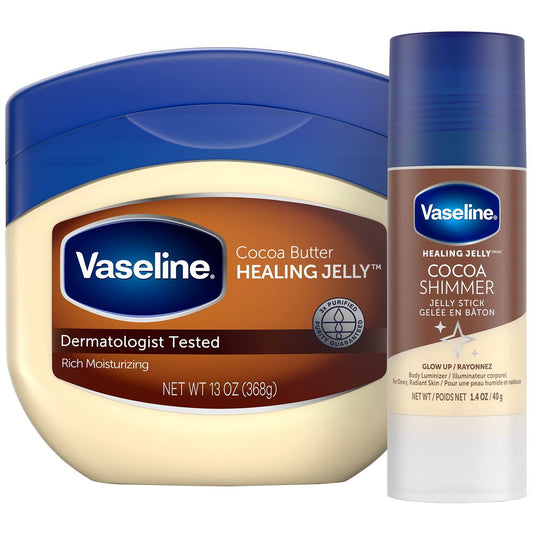 Vaseline Reichhaltige Feuchtigkeitscreme Heilendes Gelée mit Kakaobutter, 13 oz + Kakaobutter Shimmer Stick, 1,4 oz – Strahlende, schimmernde Haut mit angenehmem Duft