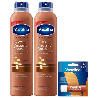 Vaseline Cocoa Radiant Spray 2er-Pack für trockene Haut + Vaseline Lip Therapy Cocoa Butter Lippenbalsam (3-teiliges Set)
