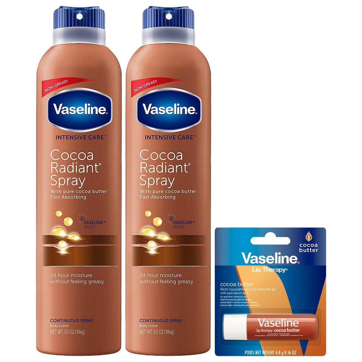 Vaseline Cocoa Radiant Spray 2er-Pack für trockene Haut + Vaseline Lip Therapy Cocoa Butter Lippenbalsam (3-teiliges Set)