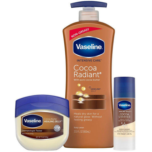 Vaseline Intensive Care Cocoa Radiant Lotion 3er Set mit Feuchtigkeitscreme und Shimmer Stick – 20,3 oz + 7,5 oz + 1,4 oz