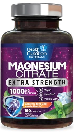 Magnesiumcitrat 1000mg pro Portion – Hochabsorbierende Magnesium-Pulverkapseln für Muskel-, Nerven-, Knochen- und Herzgesundheit, glutenfrei, nicht-GVO – 180 Kapseln