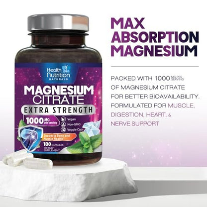 Magnesiumcitrat 1000mg pro Portion – Hochabsorbierende Magnesium-Pulverkapseln für Muskel-, Nerven-, Knochen- und Herzgesundheit, glutenfrei, nicht-GVO – 180 Kapseln