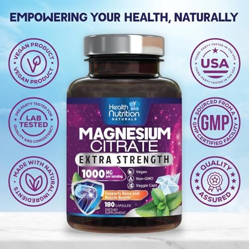 Magnesiumcitrat 1000mg pro Portion – Hochabsorbierende Magnesium-Pulverkapseln für Muskel-, Nerven-, Knochen- und Herzgesundheit, glutenfrei, nicht-GVO – 180 Kapseln