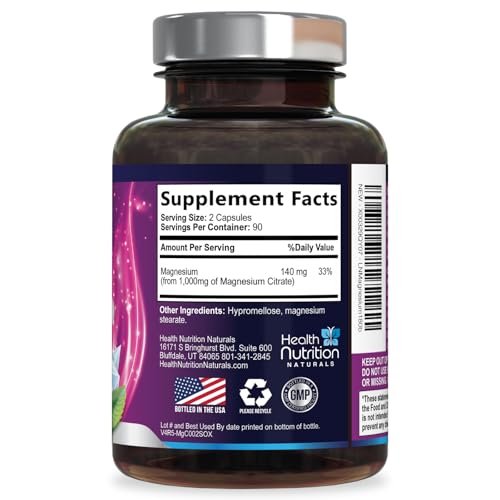 Magnesiumcitrat 1000mg pro Portion – Hochabsorbierende Magnesium-Pulverkapseln für Muskel-, Nerven-, Knochen- und Herzgesundheit, glutenfrei, nicht-GVO – 180 Kapseln