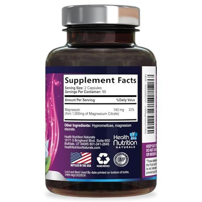Magnesiumcitrat 1000mg pro Portion – Hochabsorbierende Magnesium-Pulverkapseln für Muskel-, Nerven-, Knochen- und Herzgesundheit, glutenfrei, nicht-GVO – 180 Kapseln
