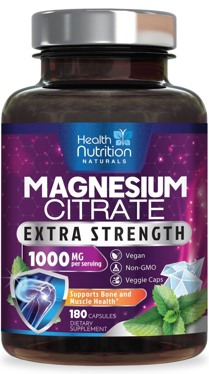 Magnesiumcitrat 1000mg pro Portion – Hochabsorbierende Magnesium-Pulverkapseln für Muskel-, Nerven-, Knochen- und Herzgesundheit, glutenfrei, nicht-GVO – 180 Kapseln