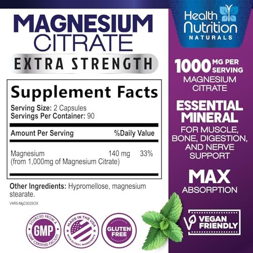 Magnesiumcitrat 1000mg pro Portion – Hochabsorbierende Magnesium-Pulverkapseln für Muskel-, Nerven-, Knochen- und Herzgesundheit, glutenfrei, nicht-GVO – 180 Kapseln