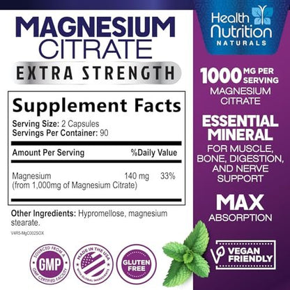 Magnesiumcitrat 1000mg pro Portion – Hochabsorbierende Magnesium-Pulverkapseln für Muskel-, Nerven-, Knochen- und Herzgesundheit, glutenfrei, nicht-GVO – 180 Kapseln