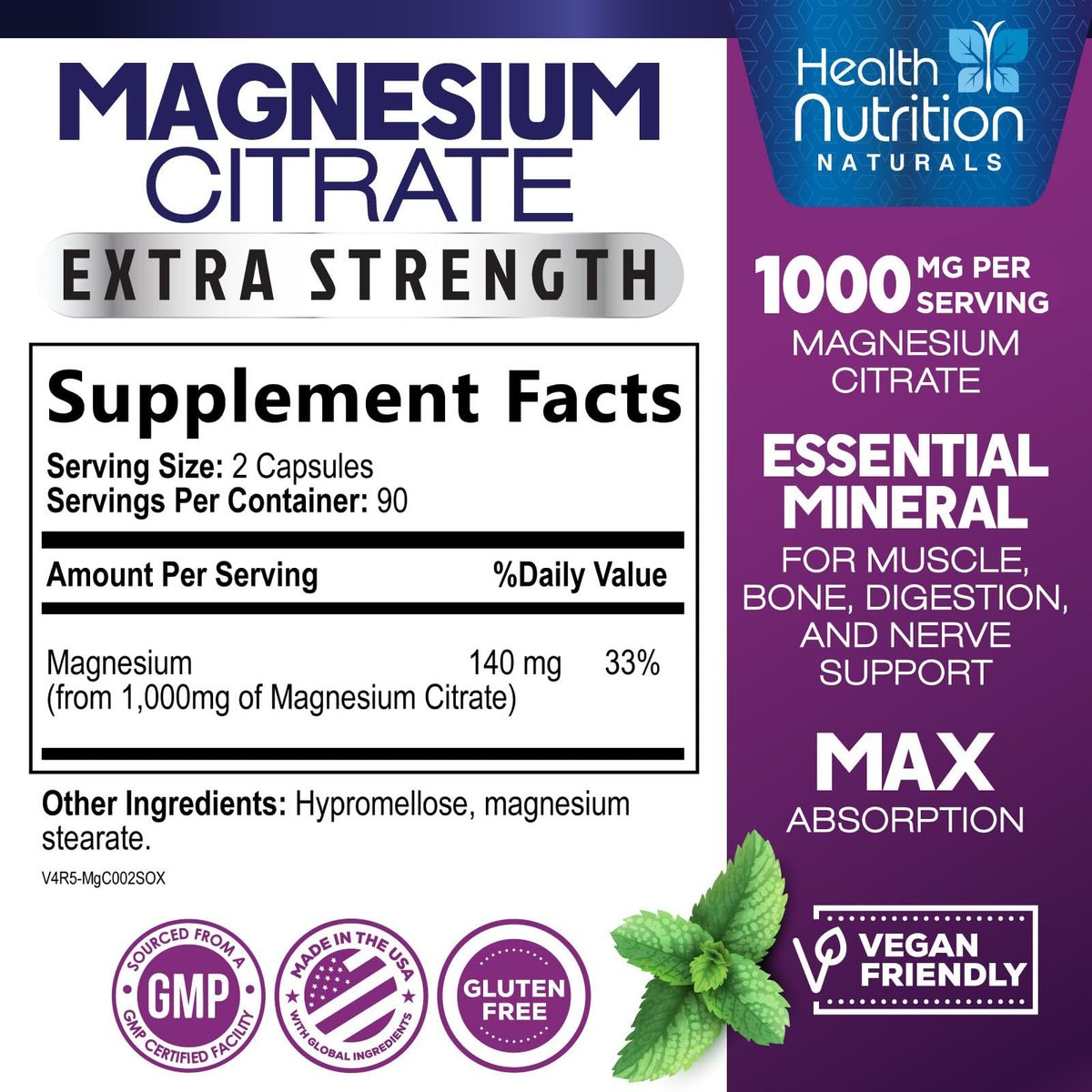 Magnesiumcitrat 1000mg pro Portion – Hochabsorbierende Magnesium-Pulverkapseln für Muskel-, Nerven-, Knochen- und Herzgesundheit, glutenfrei, nicht-GVO – 180 Kapseln