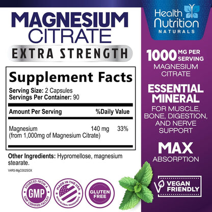 Magnesiumcitrat 1000mg pro Portion – Hochabsorbierende Magnesium-Pulverkapseln für Muskel-, Nerven-, Knochen- und Herzgesundheit, glutenfrei, nicht-GVO – 180 Kapseln