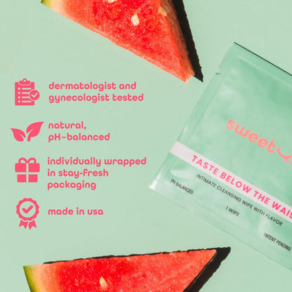 Sweetums Feminine Wipes für Frauen, einzeln verpackt – pH-ausgeglichene aromatisierte Intimtücher, Packung mit 10 (Wassermelone)