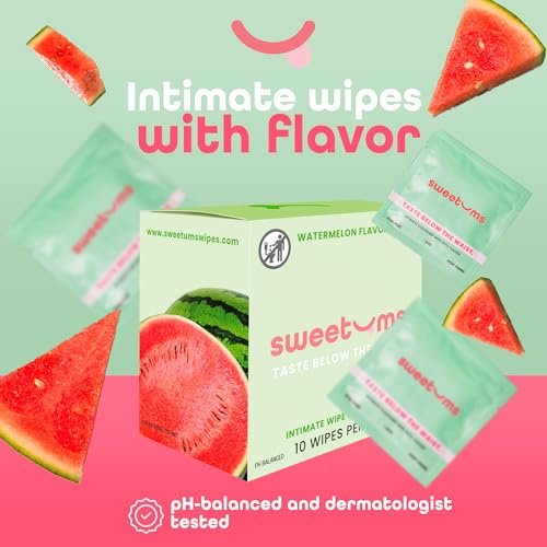 Sweetums Feminine Wipes für Frauen, einzeln verpackt – pH-ausgeglichene aromatisierte Intimtücher, Packung mit 10 (Wassermelone)