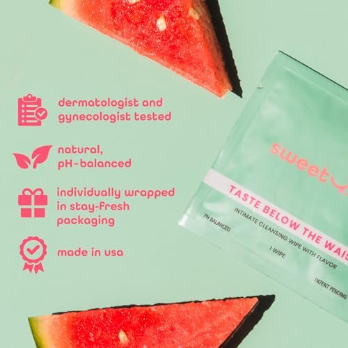 Sweetums Feminine Wipes für Frauen, einzeln verpackt – pH-ausgeglichene aromatisierte Intimtücher, Packung mit 10 (Wassermelone)