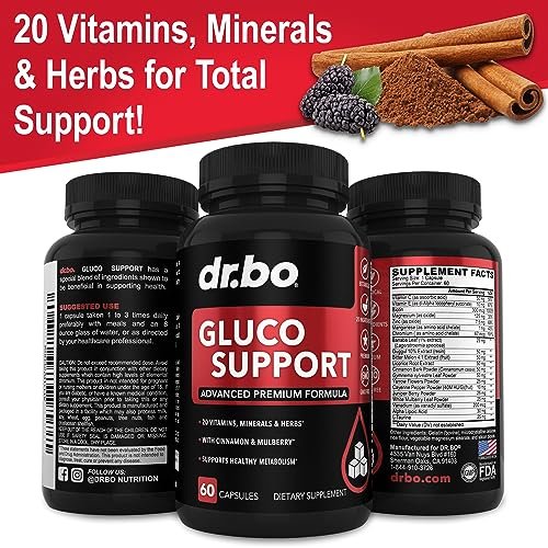 Gluco Support Nahrungsergänzungsmittel Kapseln – Stoffwechsel-Booster mit Chrom, Zimt, Bittermelonenblatt, Gymnema, Vanadium – 60 Kapseln