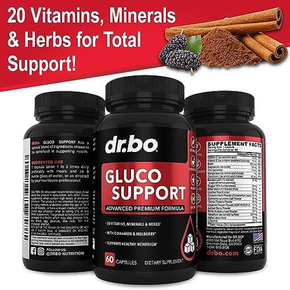 Gluco Support Nahrungsergänzungsmittel Kapseln – Stoffwechsel-Booster mit Chrom, Zimt, Bittermelonenblatt, Gymnema, Vanadium – 60 Kapseln