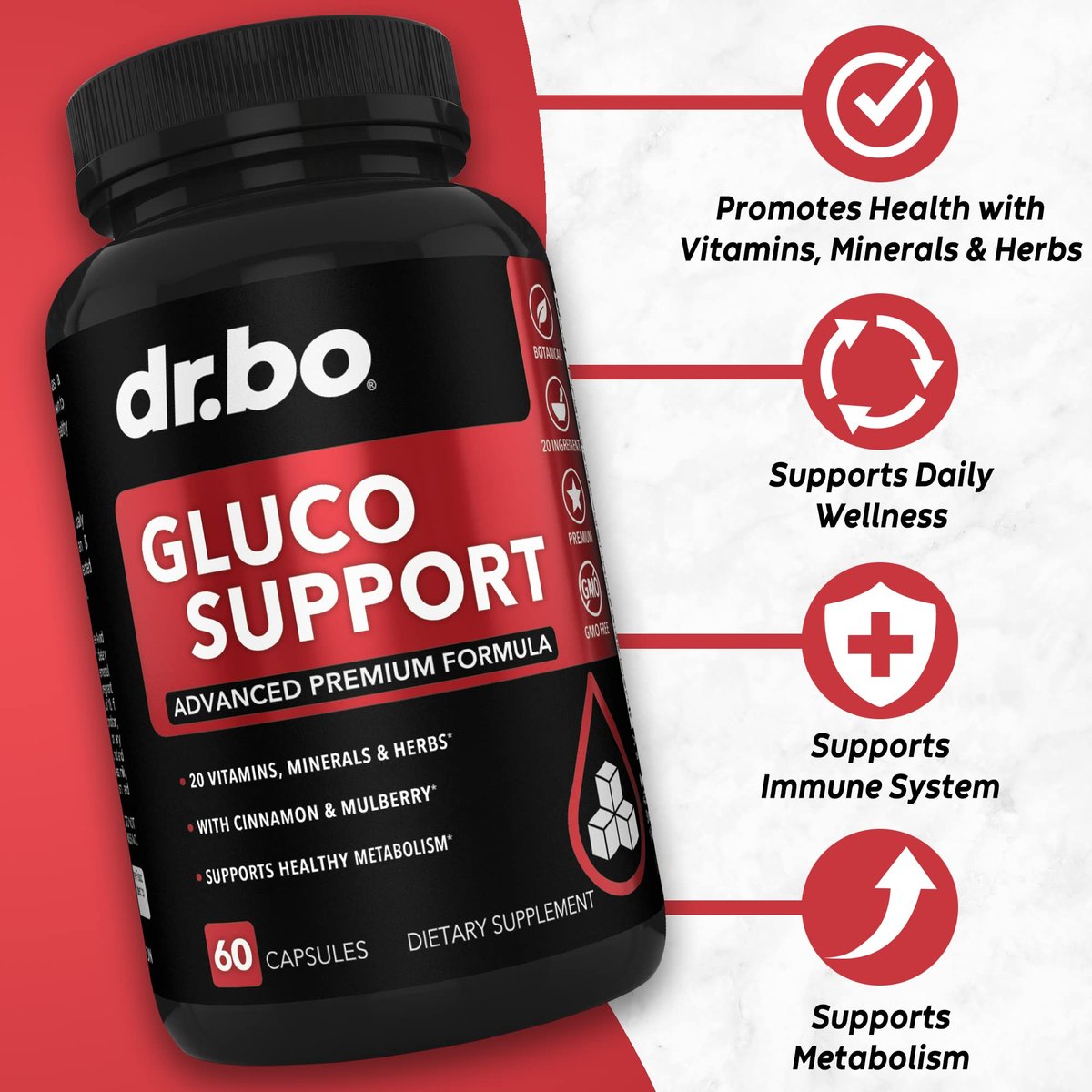 Gluco Support Nahrungsergänzungsmittel Kapseln – Stoffwechsel-Booster mit Chrom, Zimt, Bittermelonenblatt, Gymnema, Vanadium – 60 Kapseln